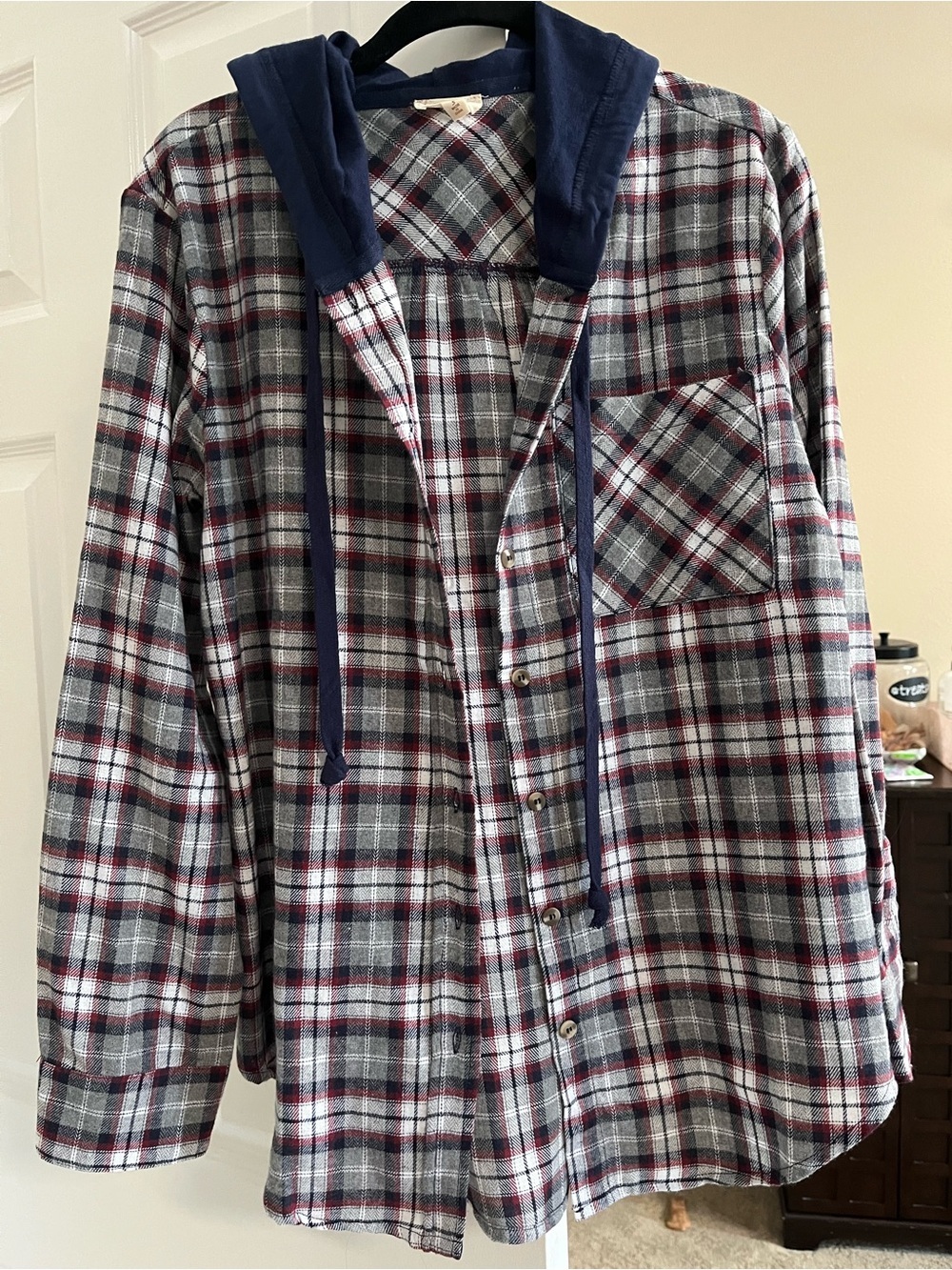 Hem & Thread Women's Plaid Hooded Cardigan - Navy, Gray & Red